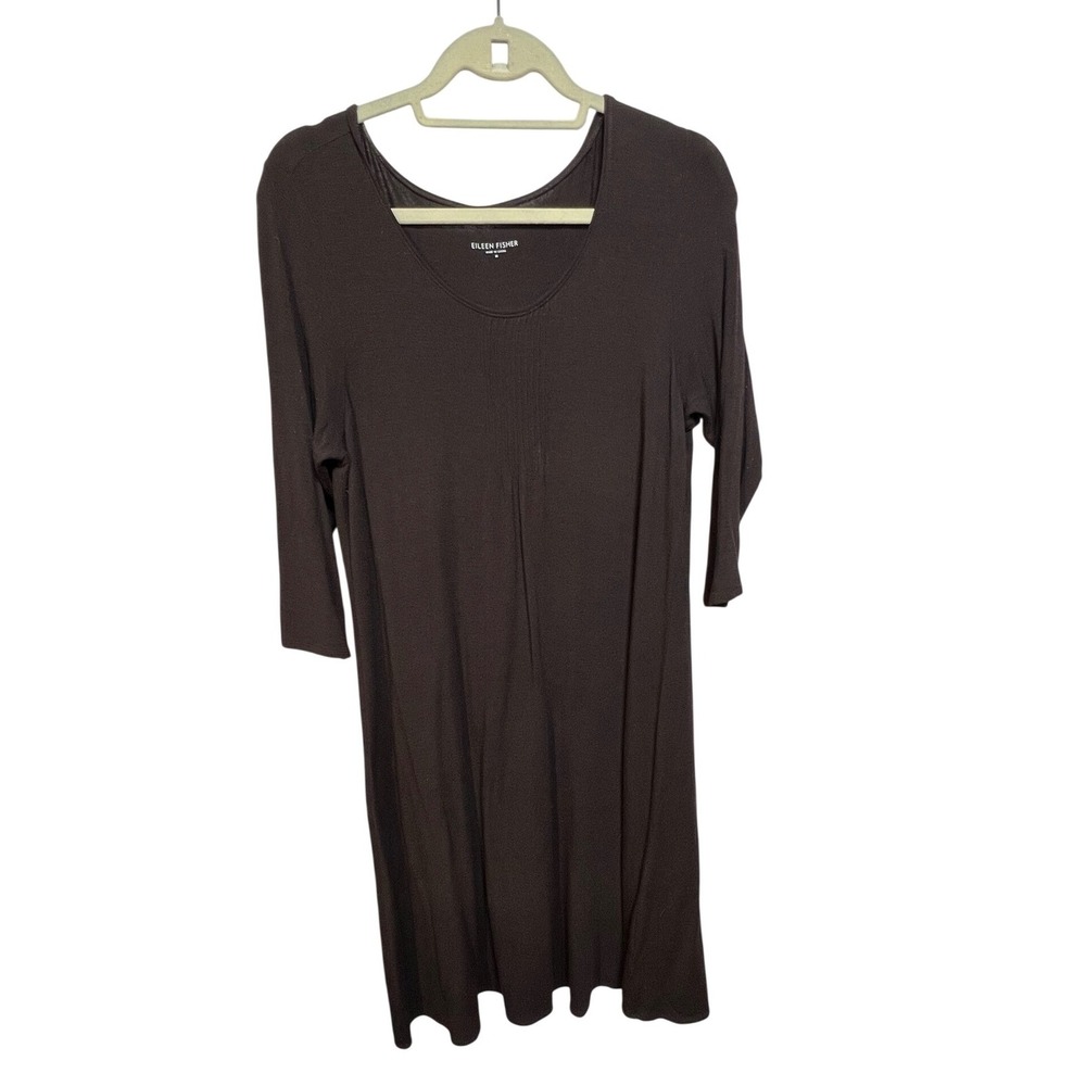 Eileen Fisher Espresso Brown Pintuck‎ Scoop Neck 3/4 Sleeve Shift Dress Size M